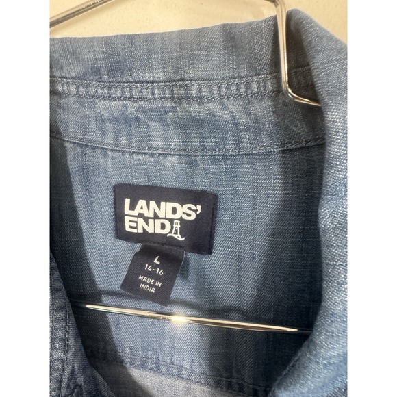 Lands' End Womens Chambray Midi Shirt Dress Size L Blue Short Sleeve Casual Work - Picture 5 of 13